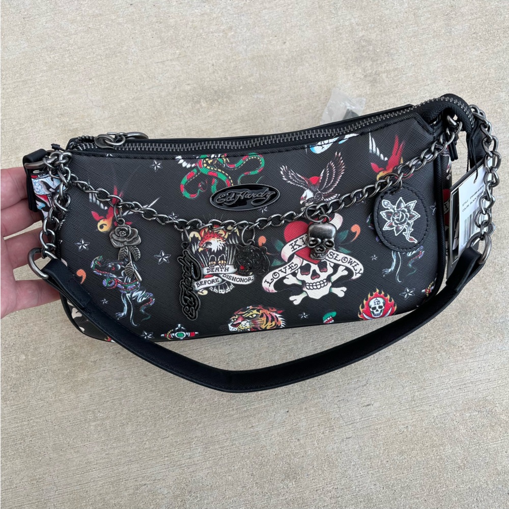 Ed Hardy Black Tattoo-Print Shoulder Bag with Chain Charms